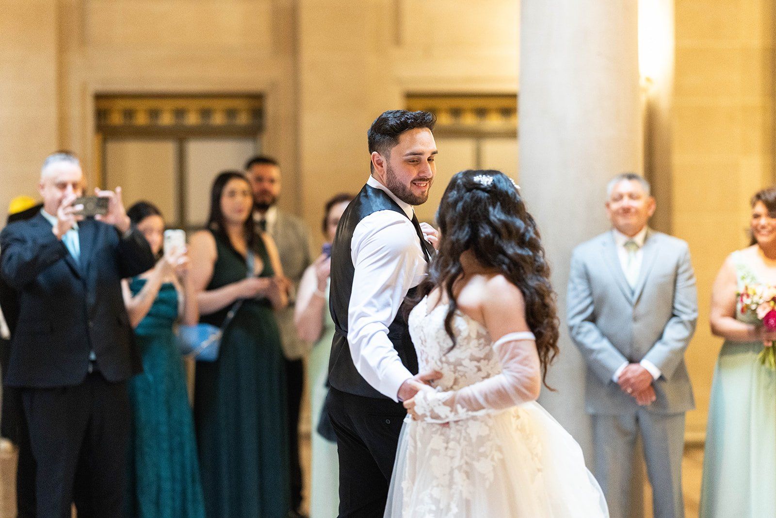 private oceanfront reception at the beach chalet, A First Dance on the Marble, Then Portraits