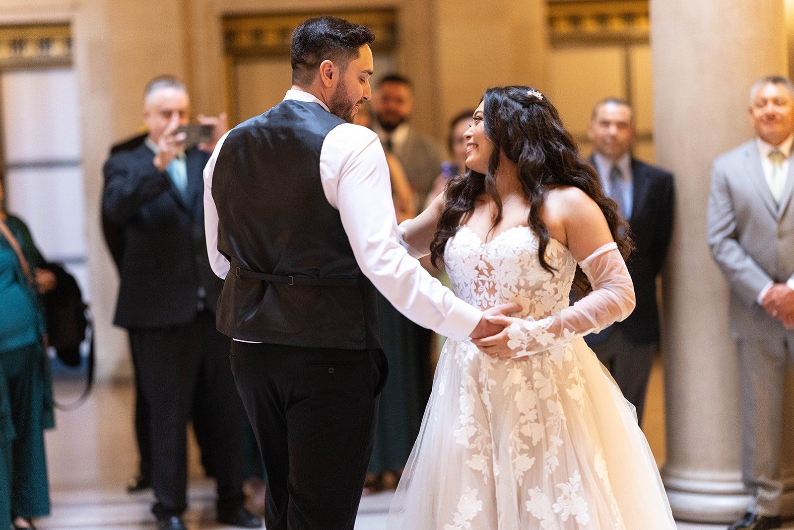 private oceanfront reception at the beach chalet, A First Dance on the Marble, Then Portraits