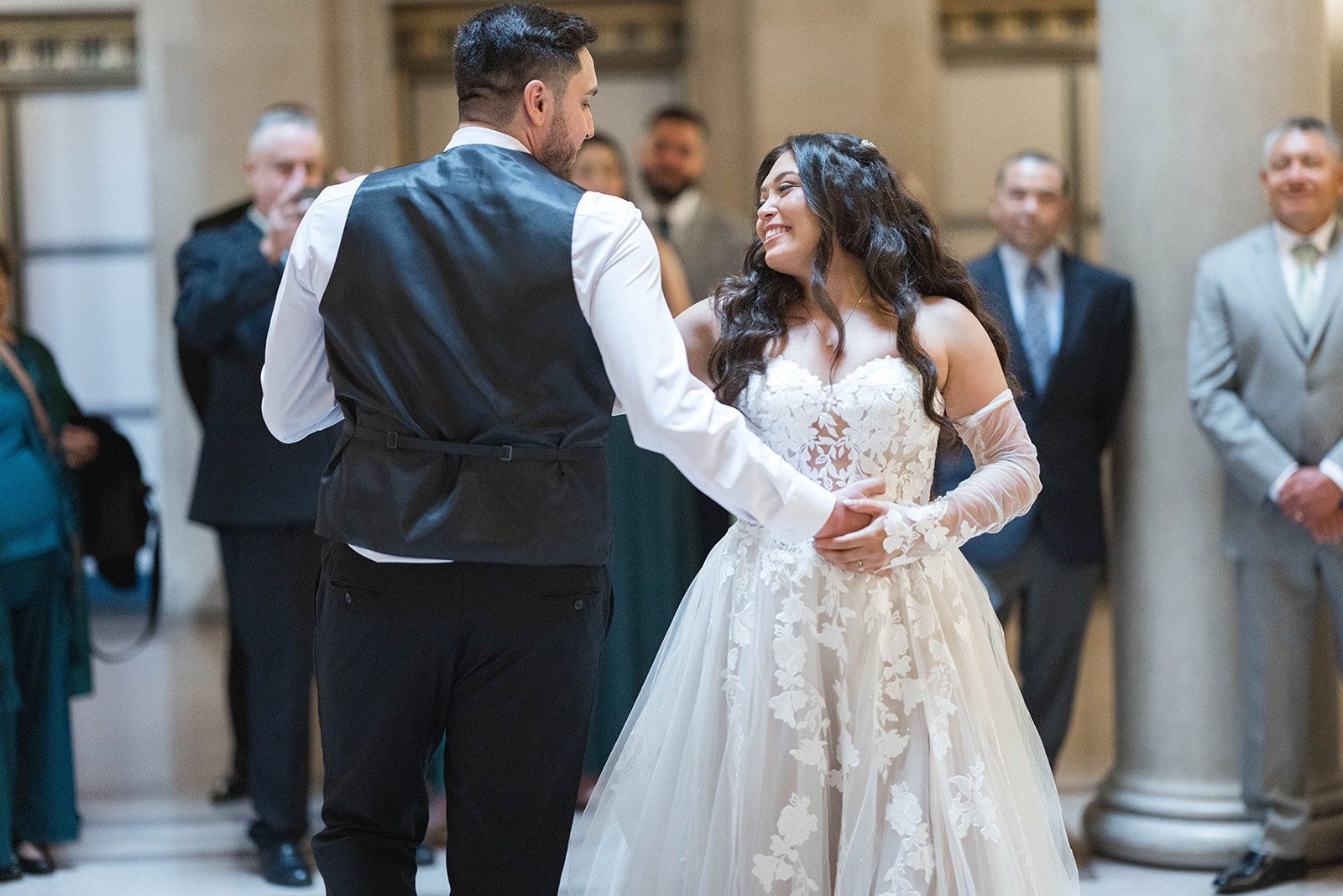 private oceanfront reception at the beach chalet, A First Dance on the Marble, Then Portraits
