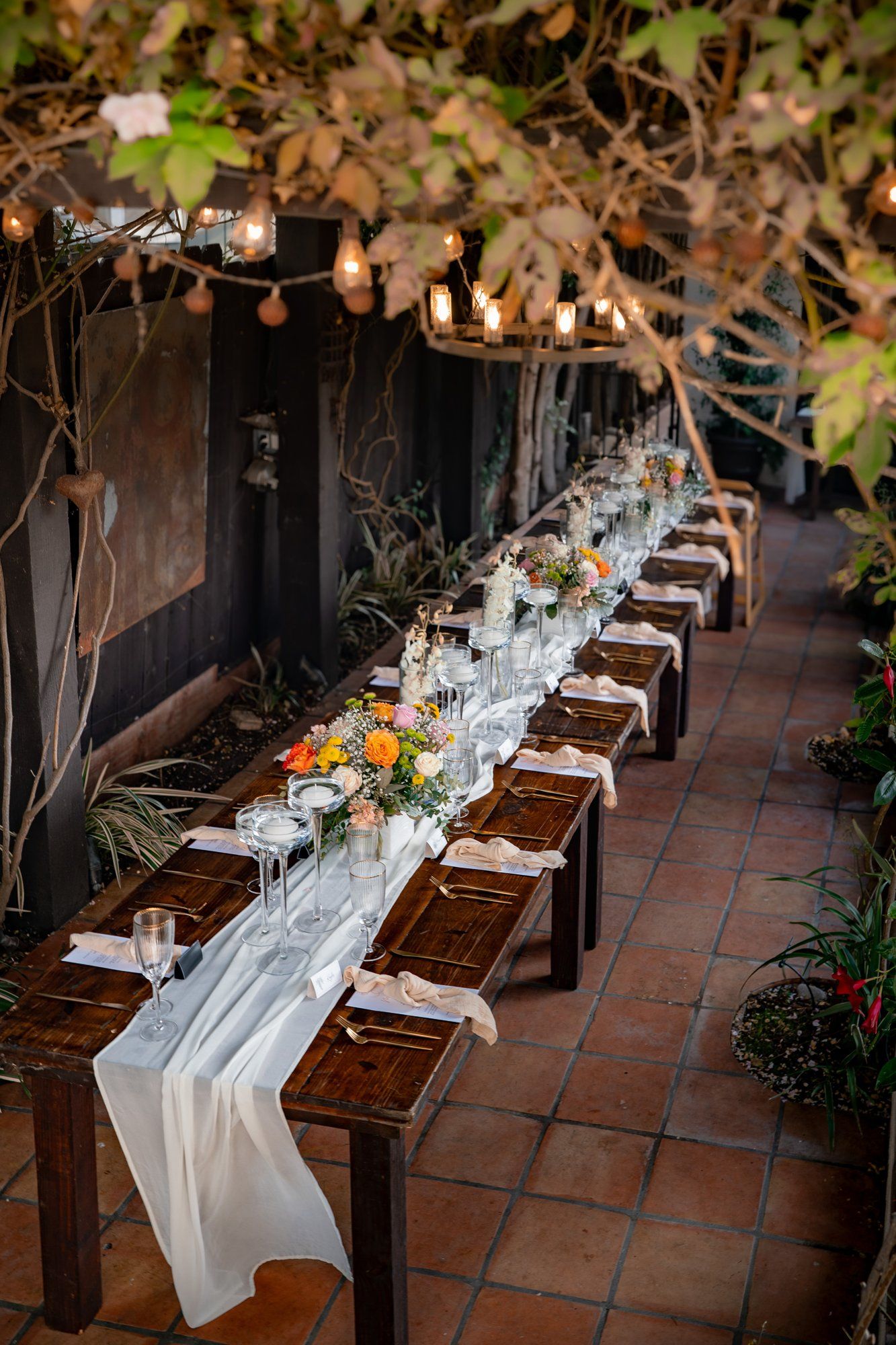villa micro wedding at villa francesca, socal, Dinner Under the Wooden Awning