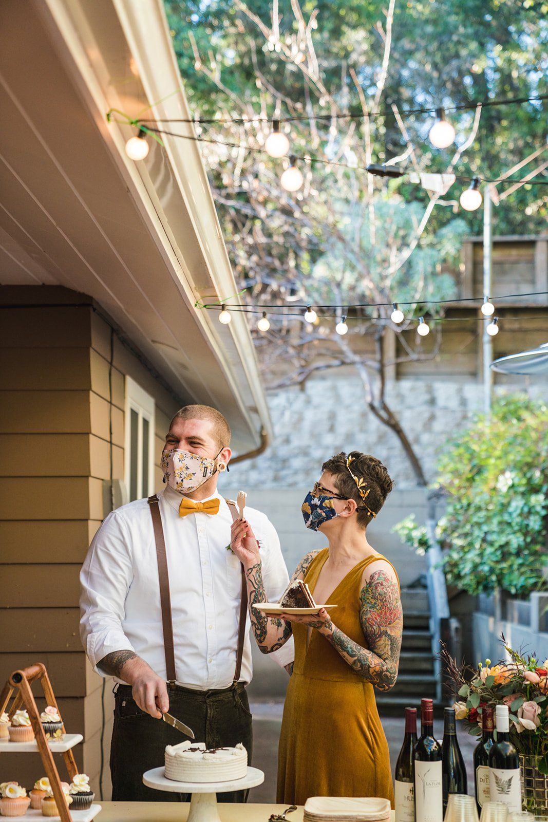 oakland backyard micro wedding, Cake and a First Dance in the Oakland Backyard