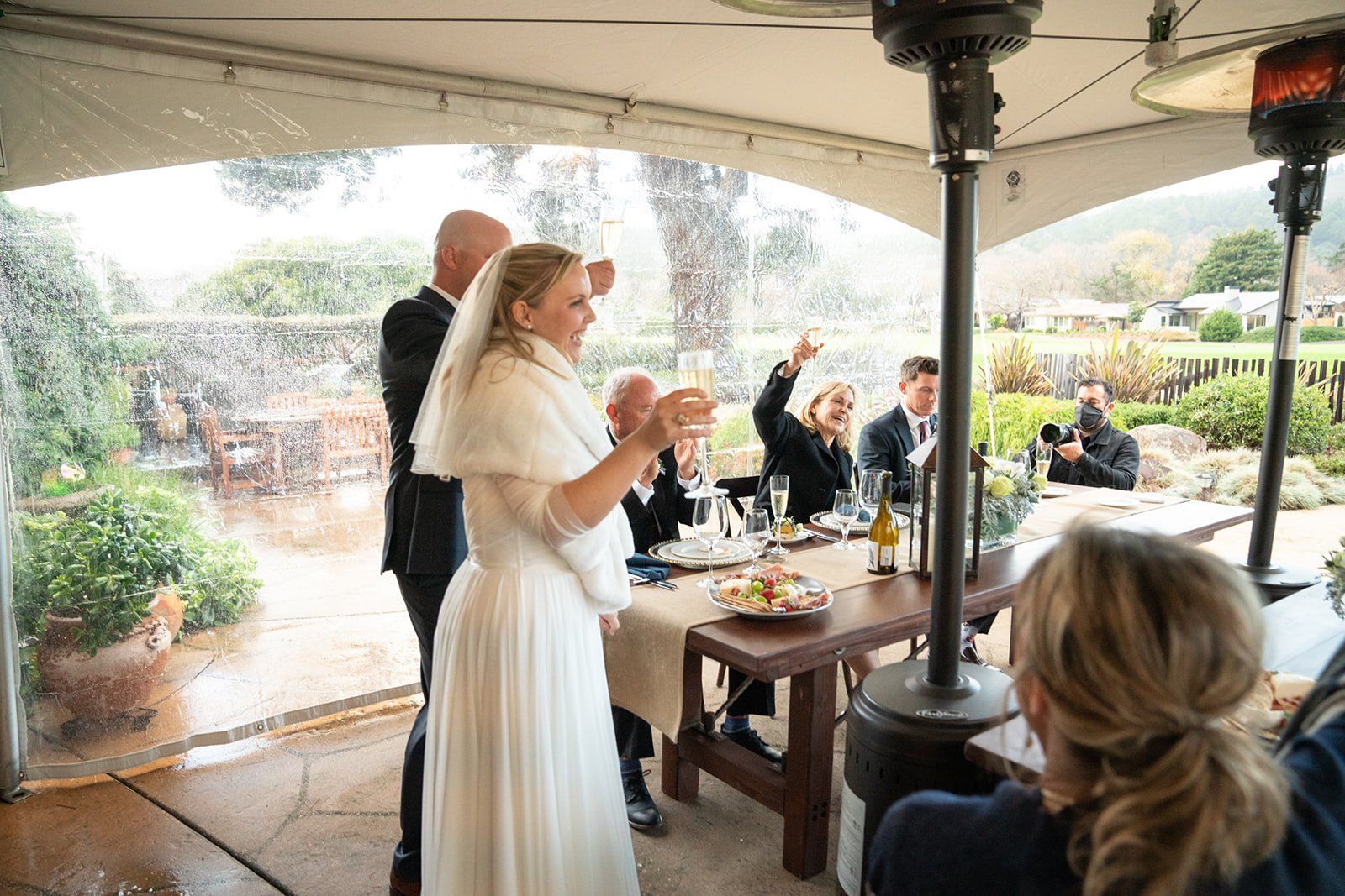intimate carmel wedding at tehama golf club, A Tented Dinner as the Rain Came Down