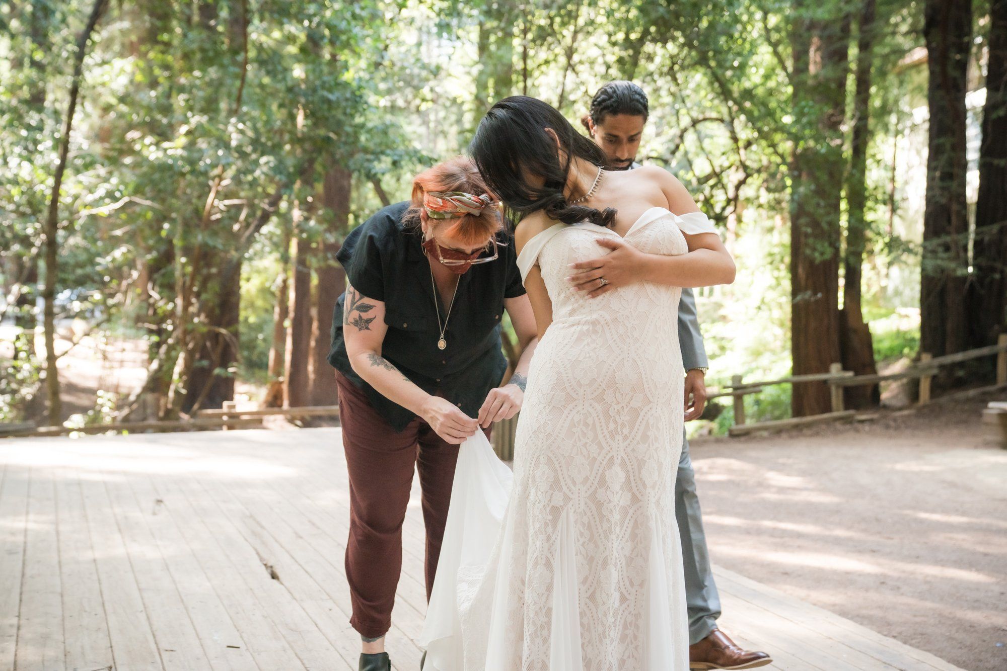 same-sex redwoods micro wedding east bay, Getting Ready at the Old Mill Park Amphitheater