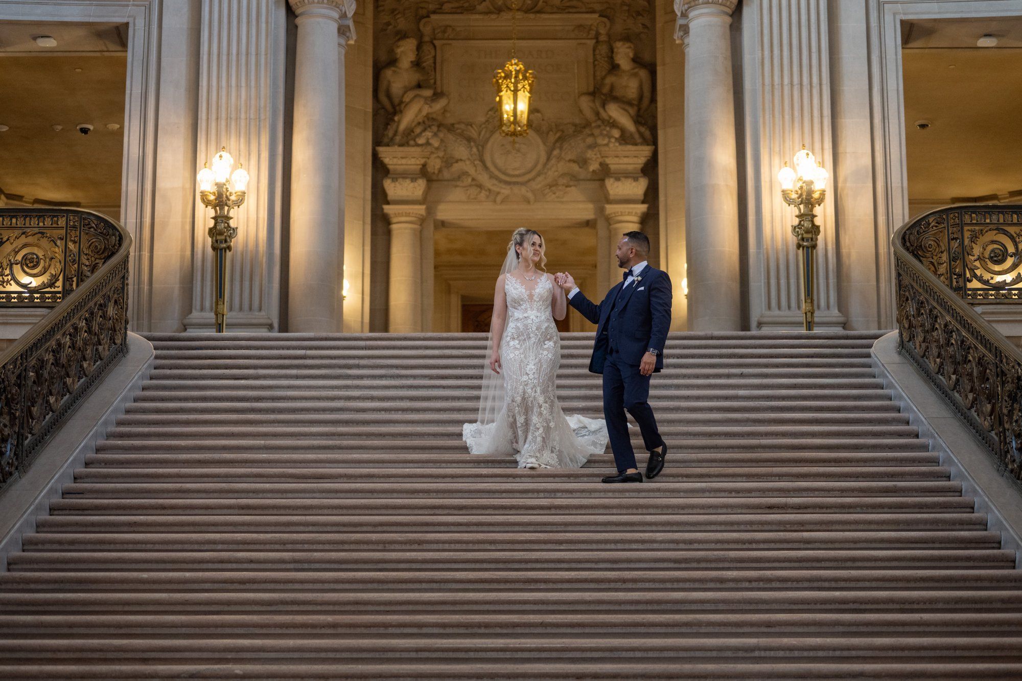 spring city hall micro wedding, Portraits on the Grand Staircase of San Francisco City Hall