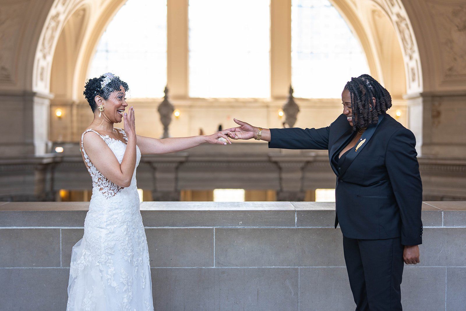 same-sex city hall wedding, fourth floor gallery + bouche (plant-based), Portraits in a 1915 Landmark