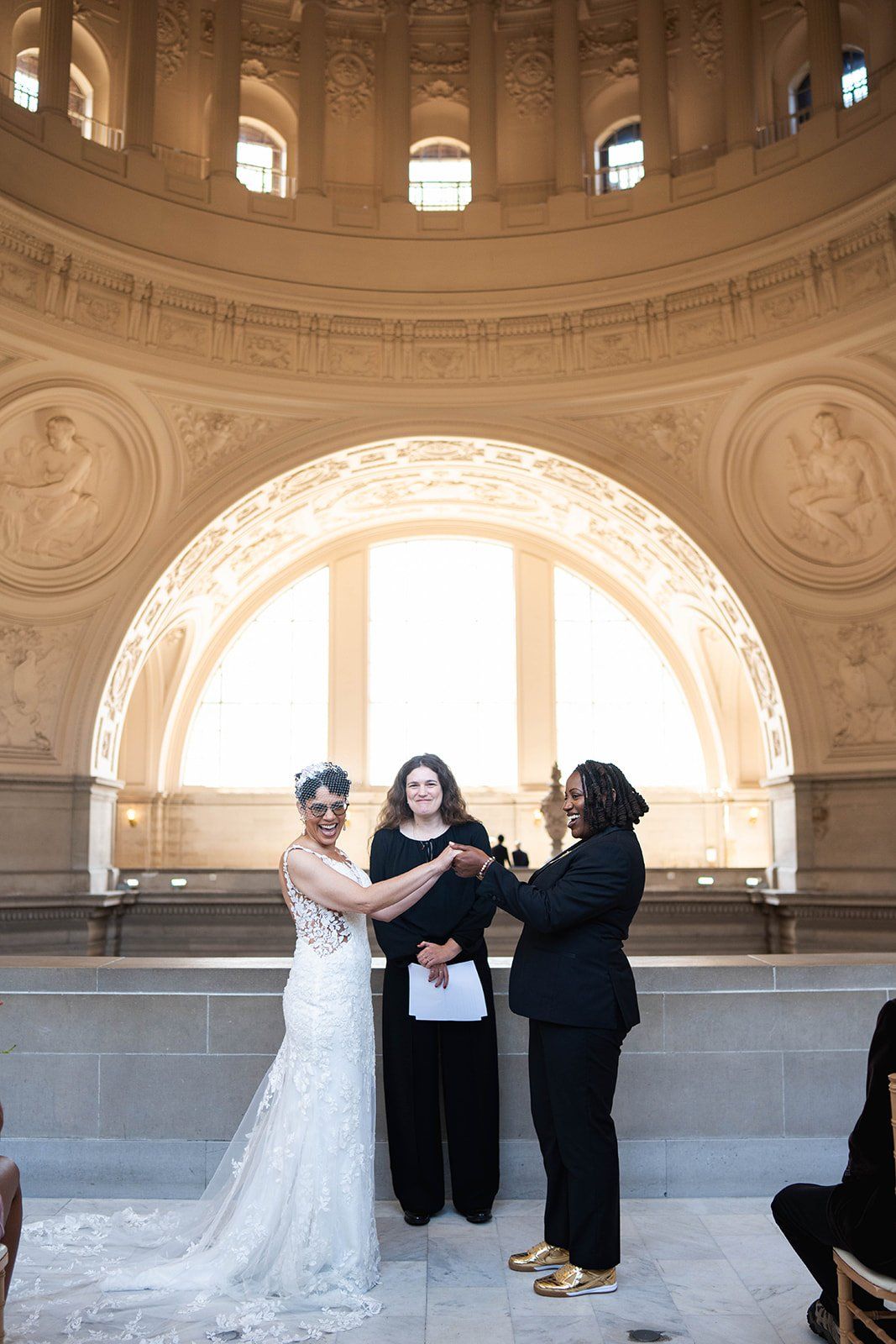 same-sex city hall wedding, fourth floor gallery + bouche (plant-based), A Two-Brides City Hall Wedding in the North Gallery