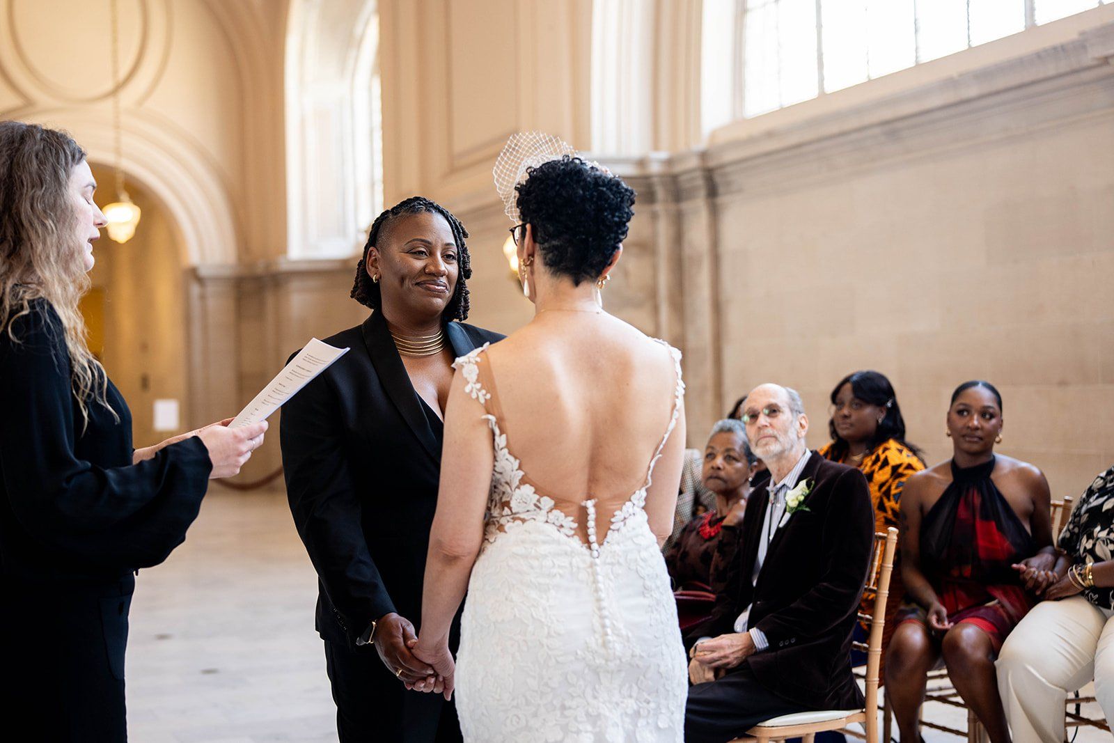 same-sex city hall wedding, fourth floor gallery + bouche (plant-based), A Two-Brides City Hall Wedding in the North Gallery