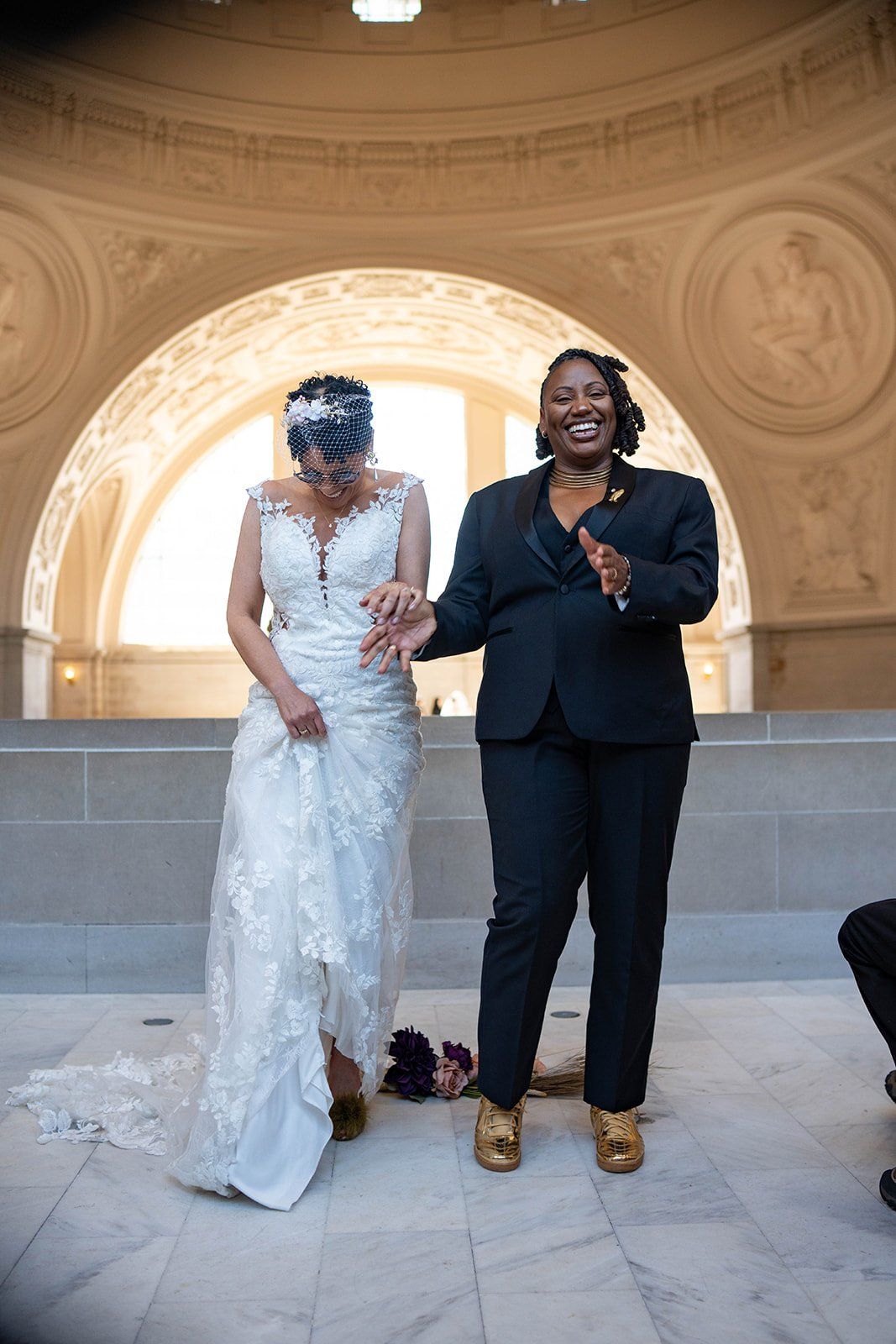 same-sex city hall wedding, fourth floor gallery + bouche (plant-based), A Two-Brides City Hall Wedding in the North Gallery
