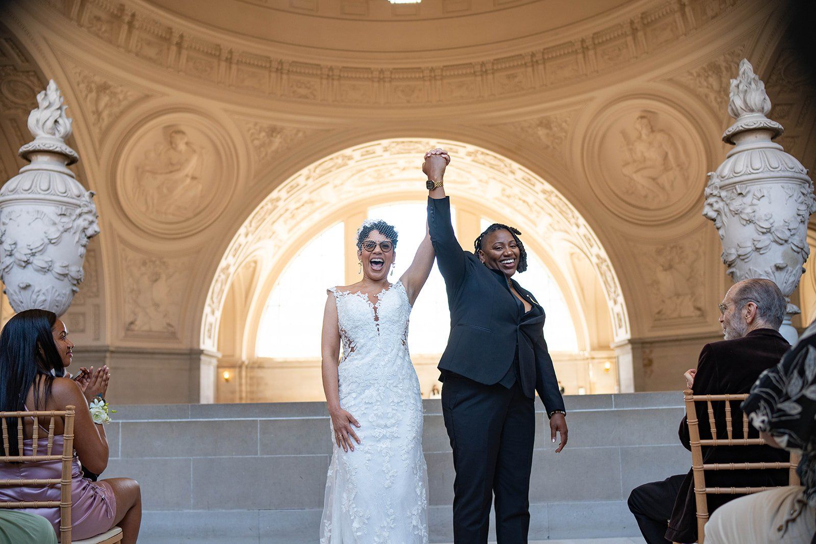 same-sex city hall wedding, fourth floor gallery + bouche (plant-based), A Two-Brides City Hall Wedding in the North Gallery