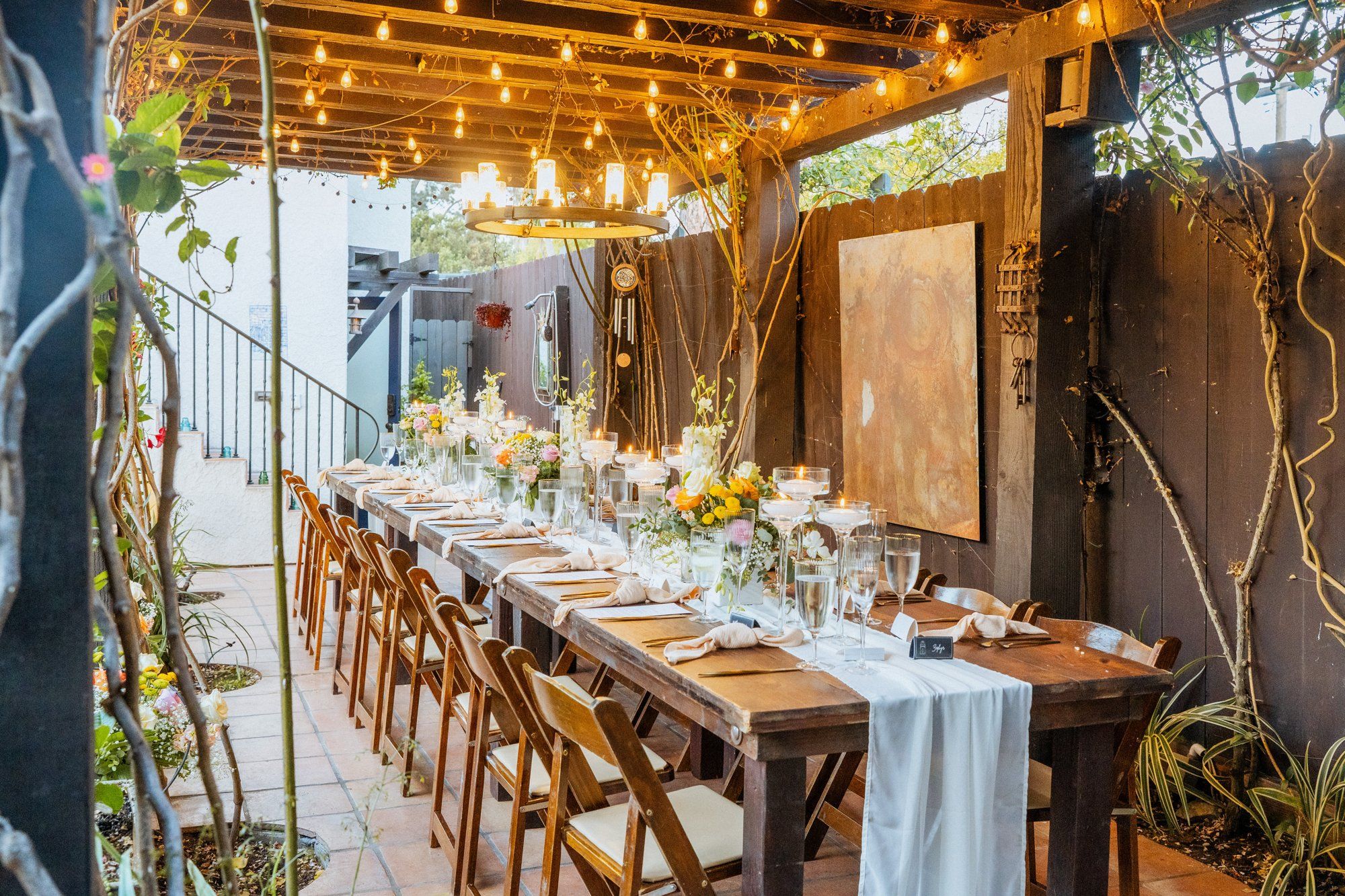 villa micro wedding at villa francesca, socal, Dinner Under the Wooden Awning