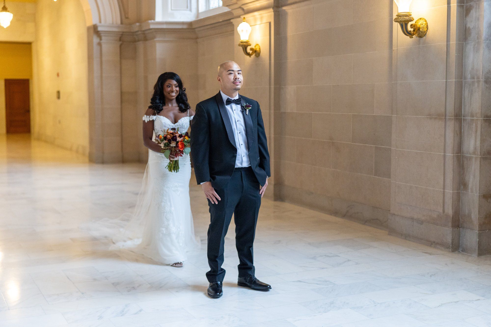 interracial city hall micro wedding, Vows on the Grand Staircase