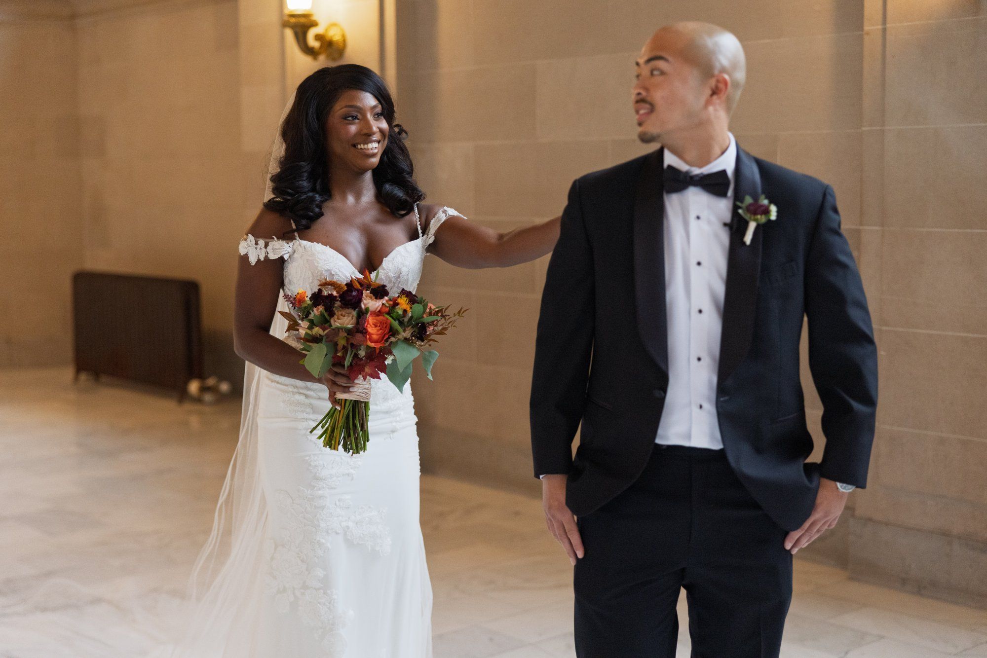interracial city hall micro wedding, Vows on the Grand Staircase at City Hall