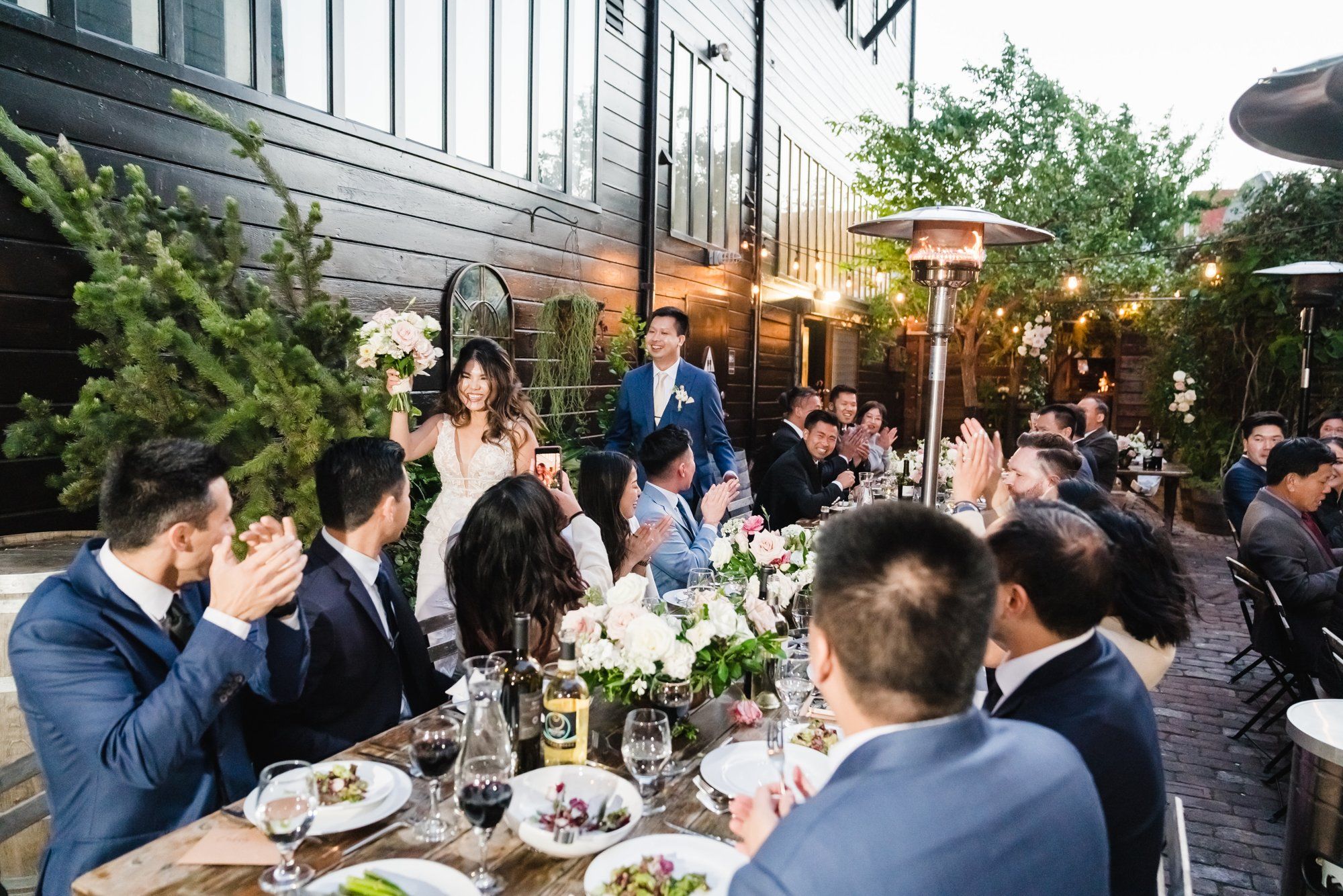 industrial-cafe micro wedding at stable cafe, sf, Dinner on the String-Lit Patio at Stable Cafe