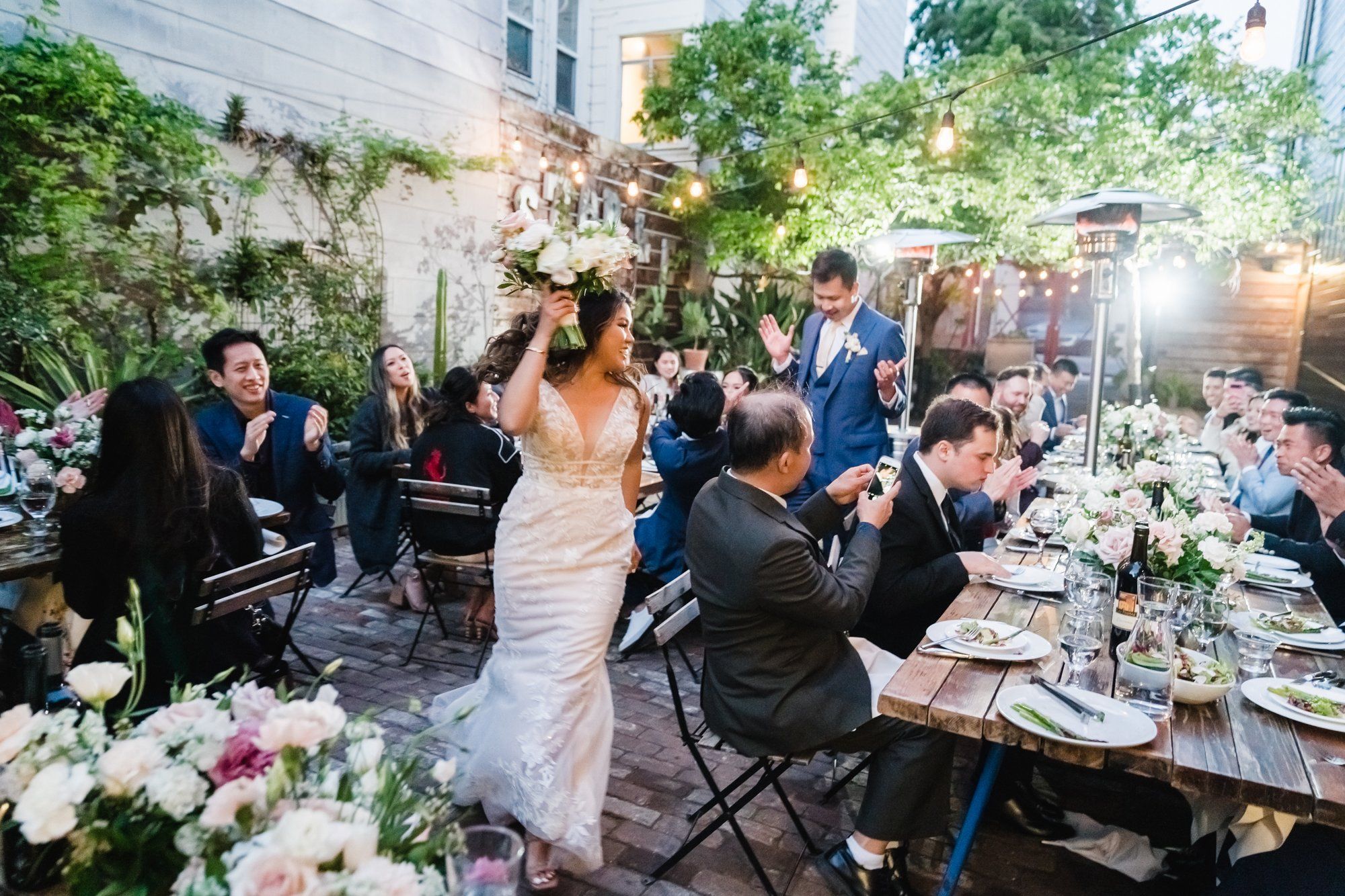 industrial-cafe micro wedding at stable cafe, sf, Dinner on the String-Lit Patio at Stable Cafe