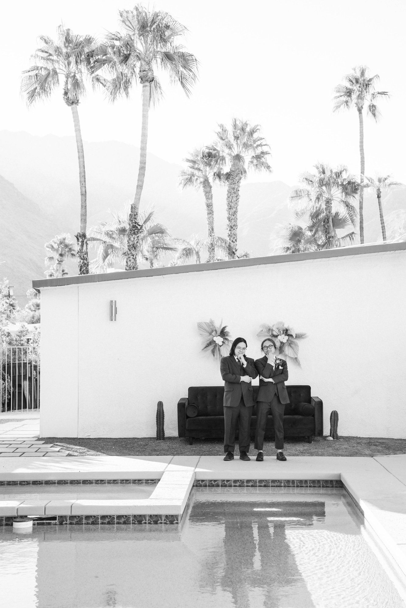 backyard-then-steakhouse wedding at mr lyons, palm springs, Champagne in the Yard. Palm Springs Steakhouse Reception to Follow
