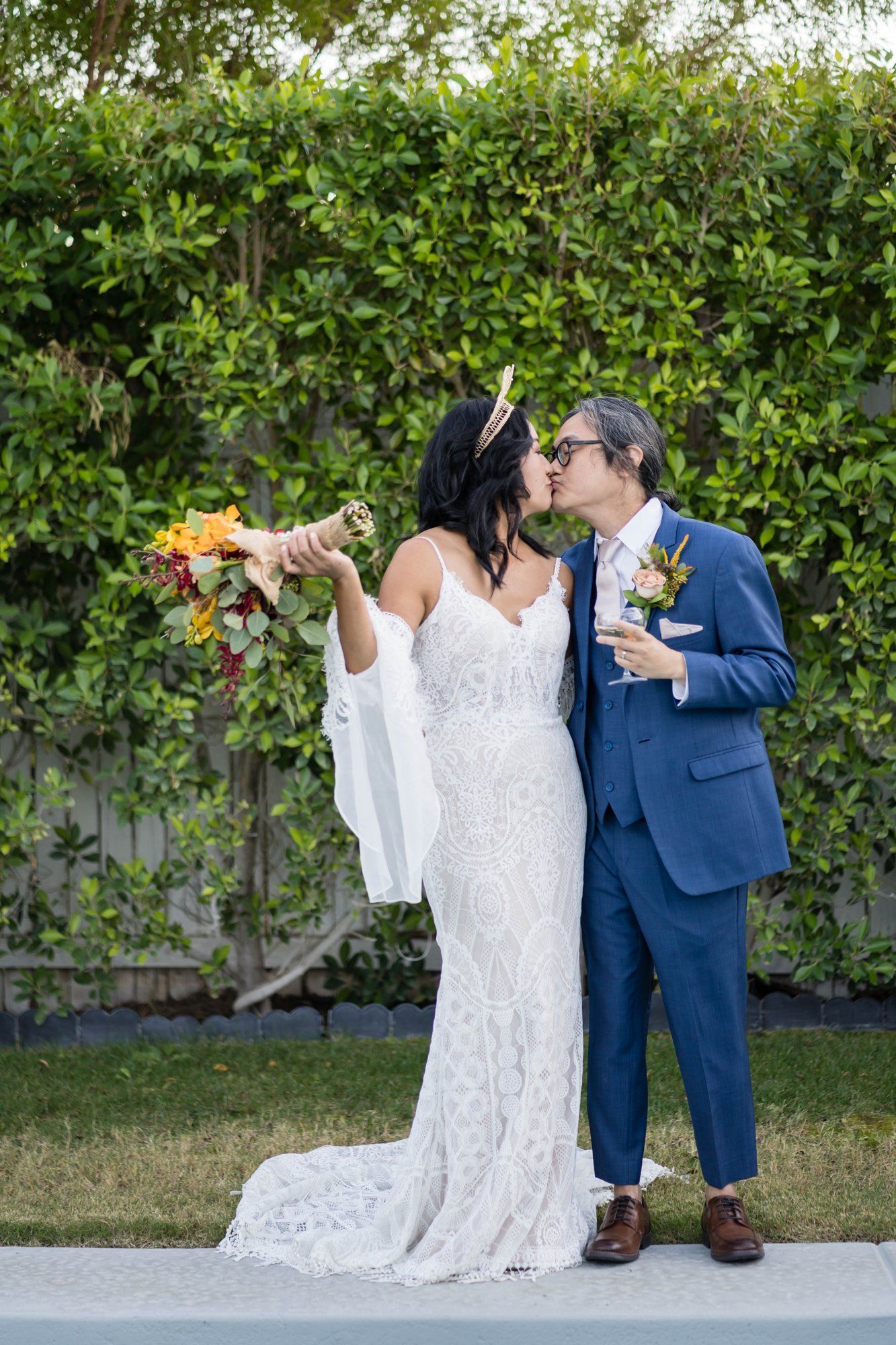 backyard-then-steakhouse wedding at mr lyons, palm springs, Champagne in the Yard. Palm Springs Steakhouse Reception to Follow
