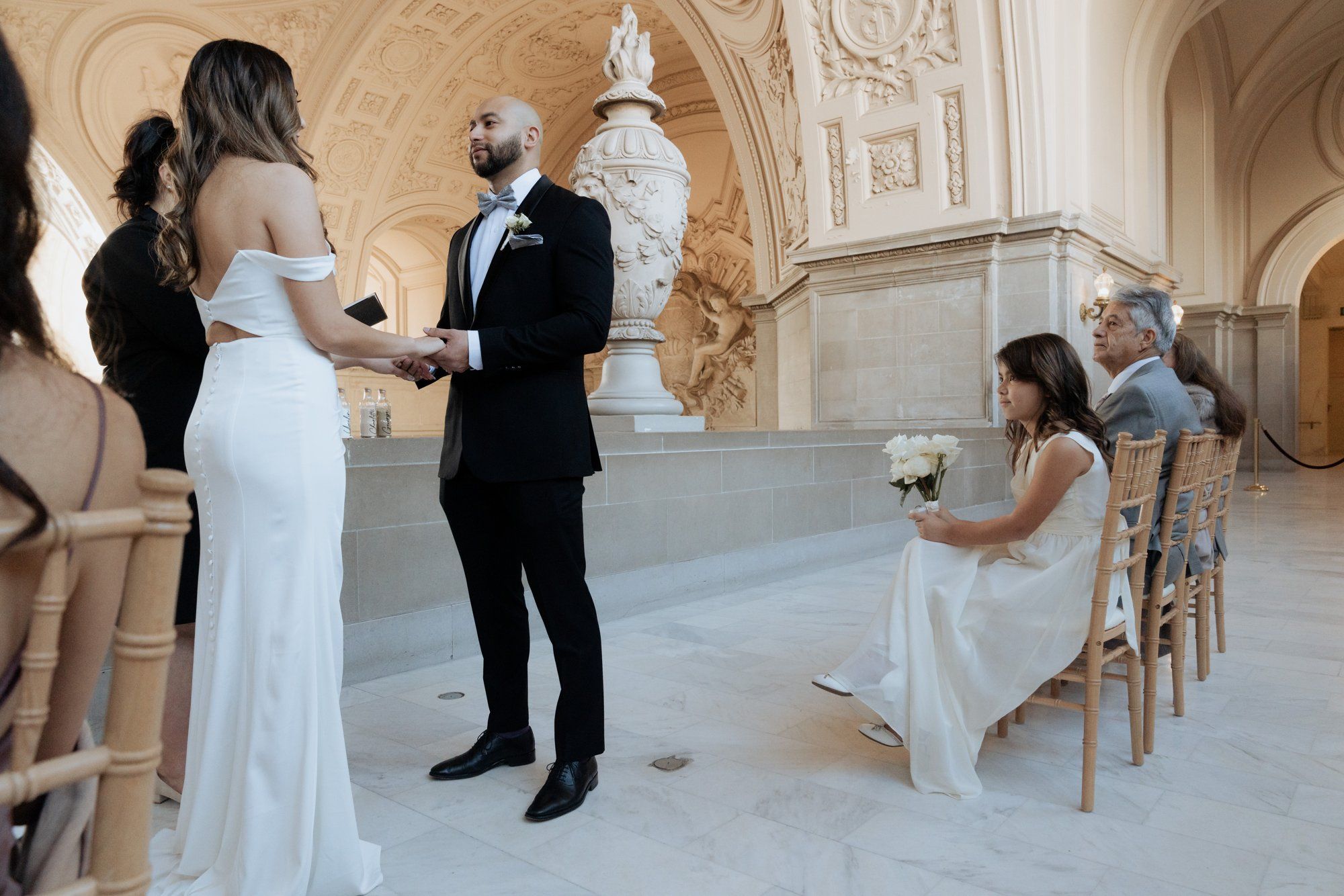 three-location city hall day: mayor's balcony + palace of fine arts + vault garden, A Sand-Ceremony City Hall Wedding on the Mayor's Balcony