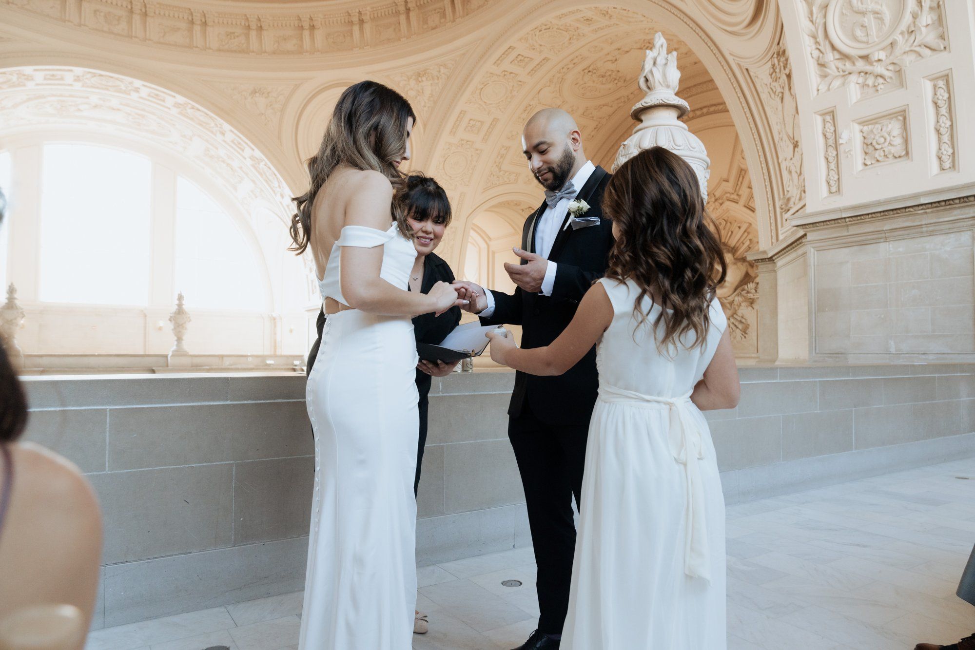 three-location city hall day: mayor's balcony + palace of fine arts + vault garden, A Sand-Ceremony City Hall Wedding on the Mayor's Balcony