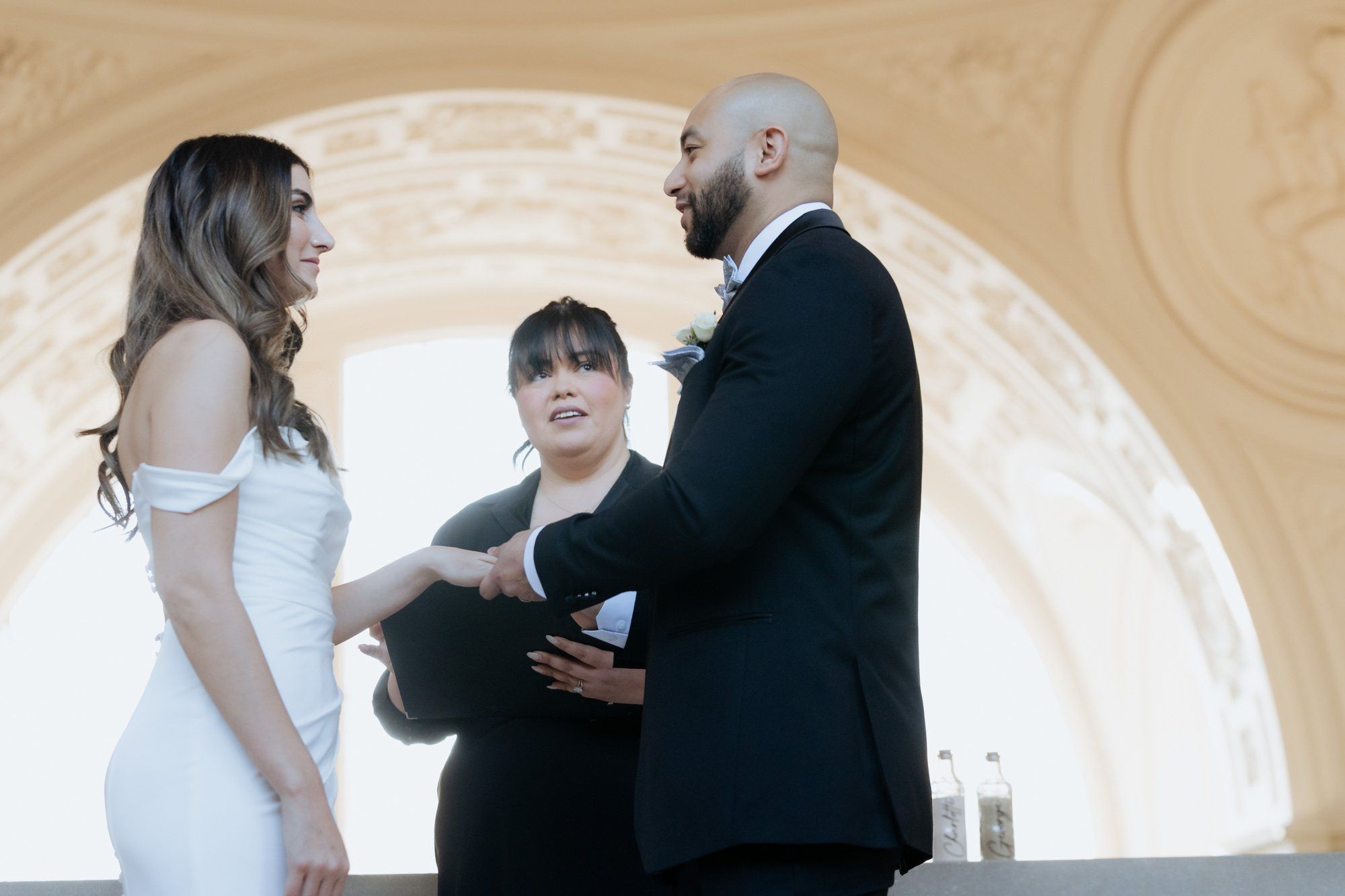 three-location city hall day: mayor's balcony + palace of fine arts + vault garden, A Sand-Ceremony City Hall Wedding on the Mayor's Balcony