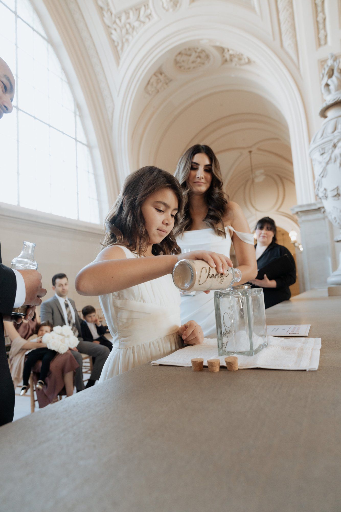 three-location city hall day: mayor's balcony + palace of fine arts + vault garden, A Sand-Ceremony City Hall Wedding on the Mayor's Balcony