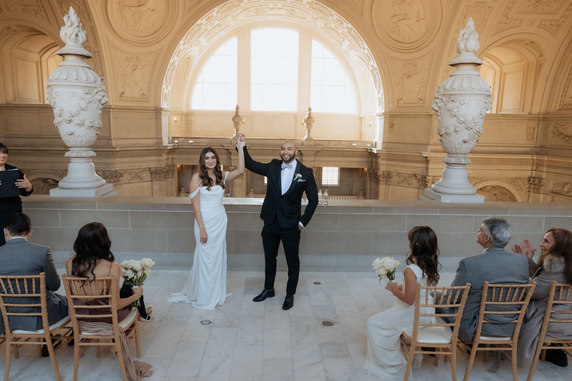 three-location city hall day: mayor's balcony + palace of fine arts + vault garden, A Sand-Ceremony City Hall Wedding on the Mayor's Balcony