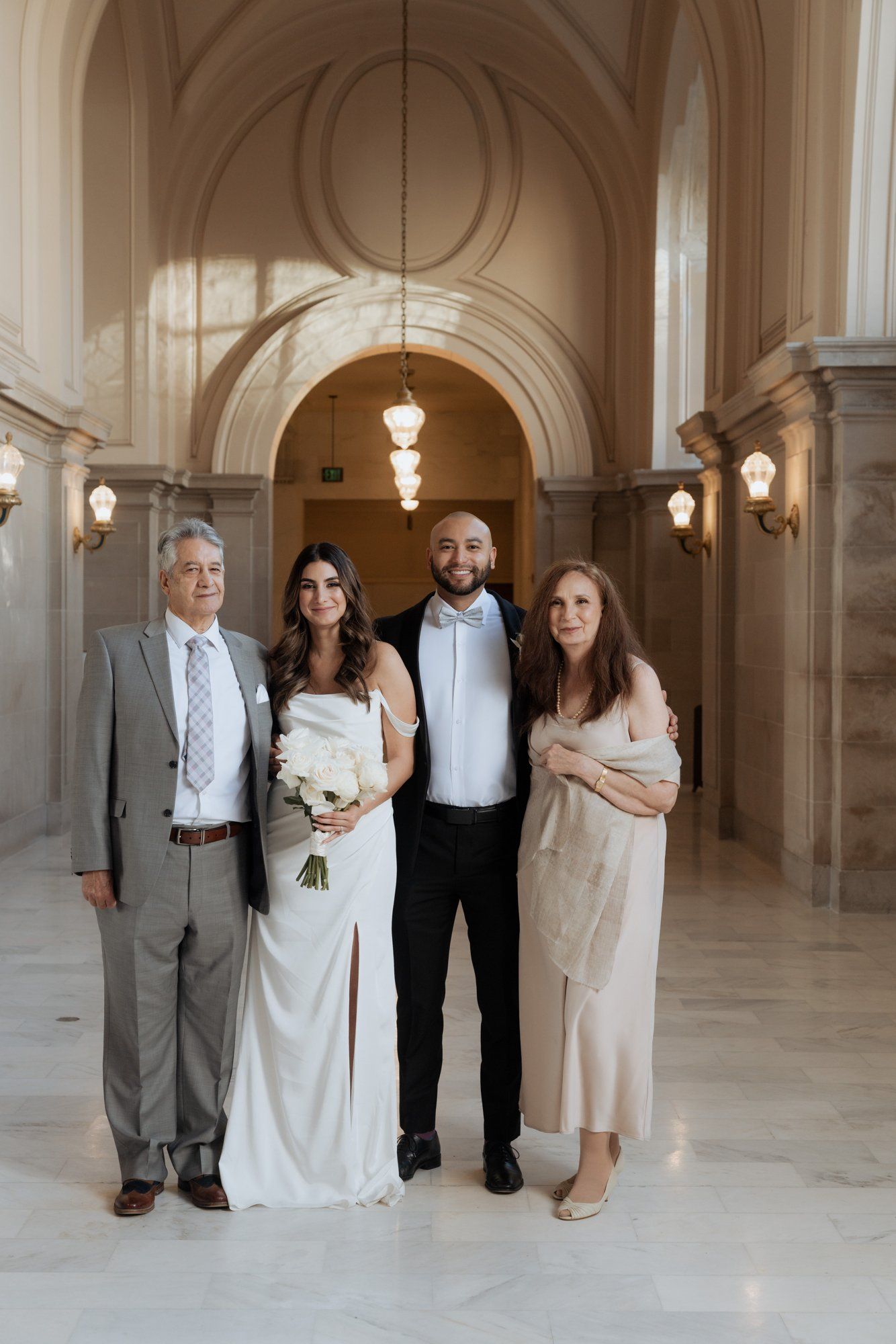 three-location city hall day: mayor's balcony + palace of fine arts + vault garden, Under the City Hall Dome, Then Three-Location Portraits at Palace of Fine Arts