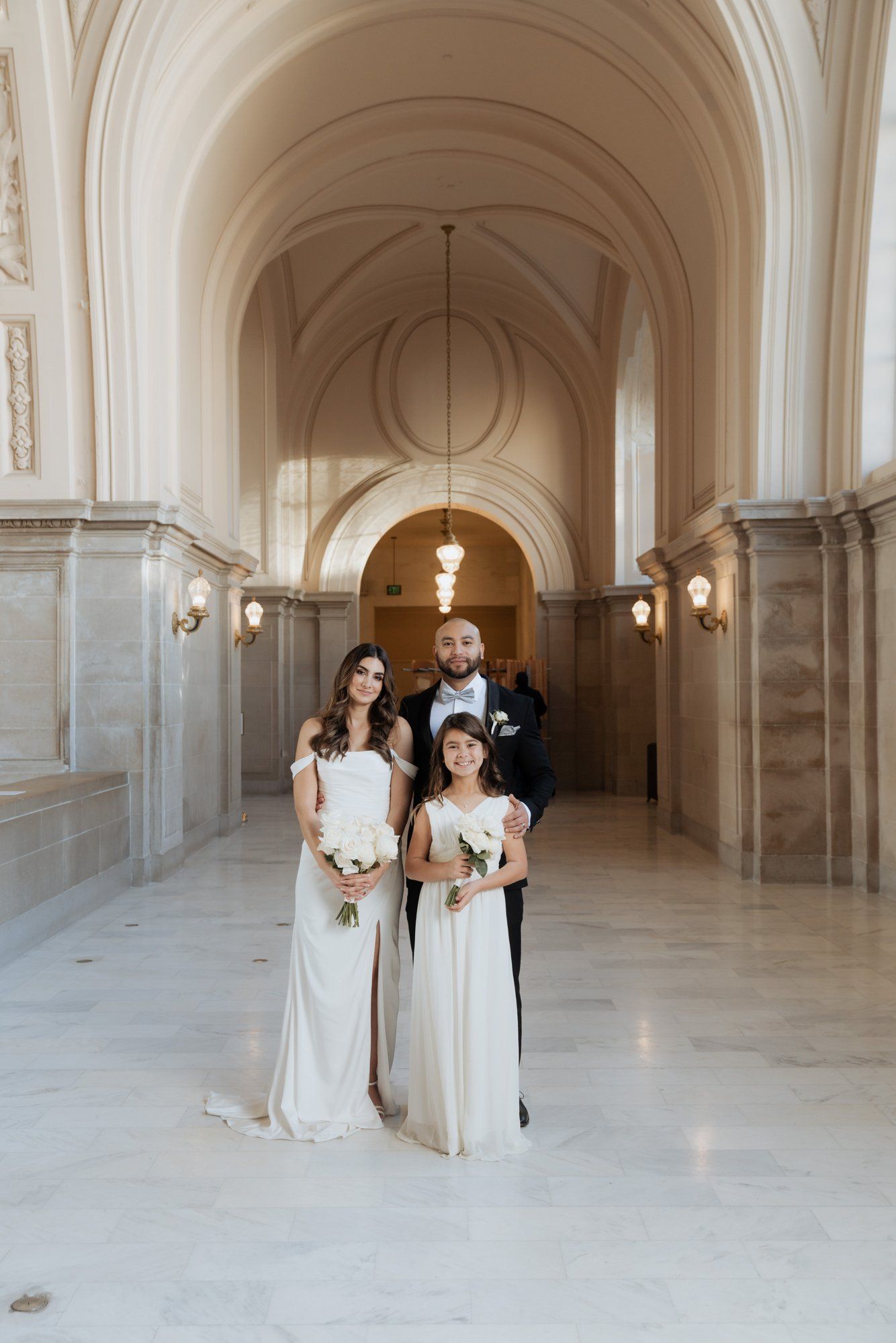 three-location city hall day: mayor's balcony + palace of fine arts + vault garden, Under the City Hall Dome, Then Three-Location Portraits at Palace of Fine Arts