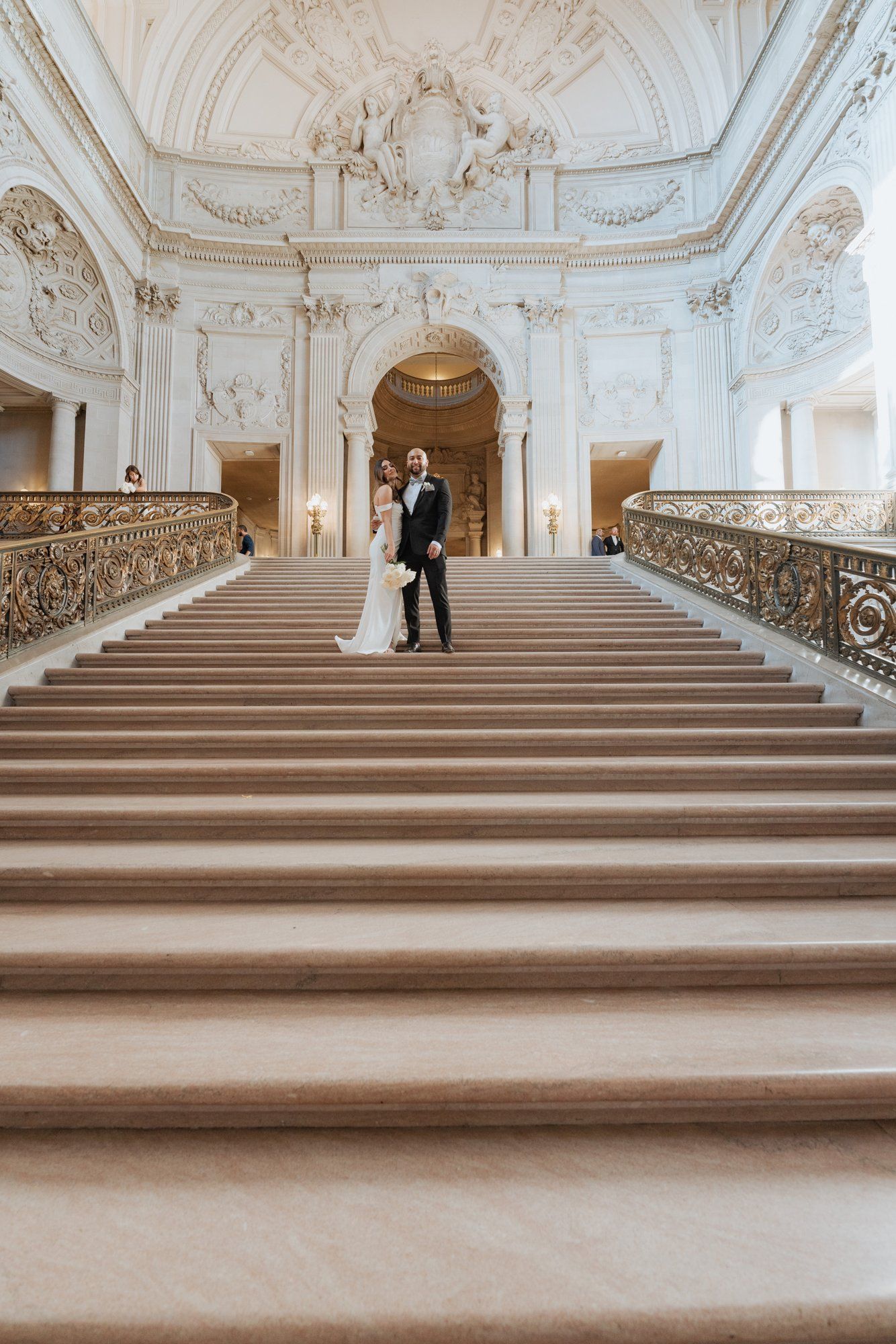 three-location city hall day: mayor's balcony + palace of fine arts + vault garden, Under the City Hall Dome, Then Three-Location Portraits at Palace of Fine Arts