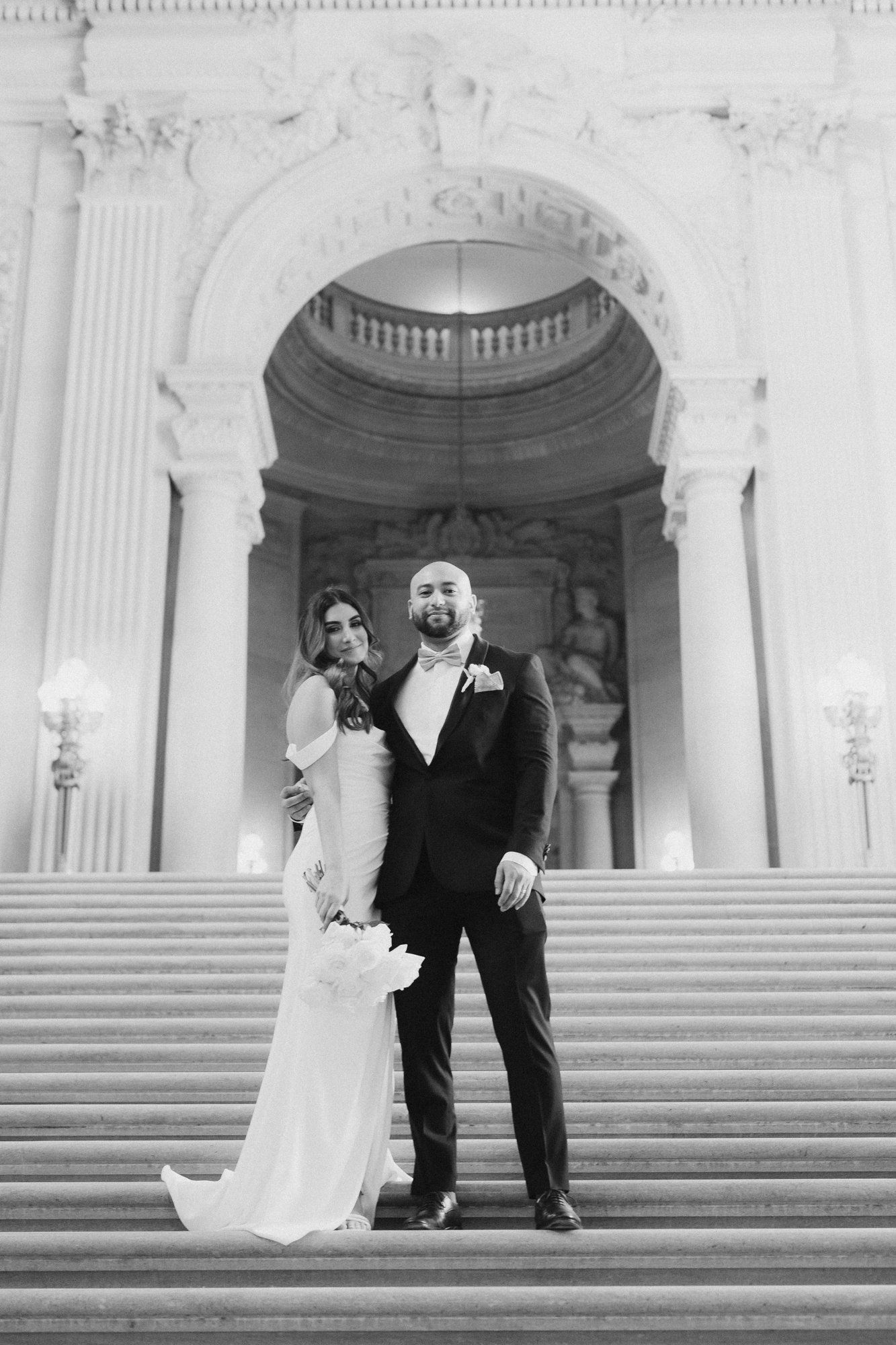three-location city hall day: mayor's balcony + palace of fine arts + vault garden, Under the City Hall Dome, Then Three-Location Portraits at Palace of Fine Arts