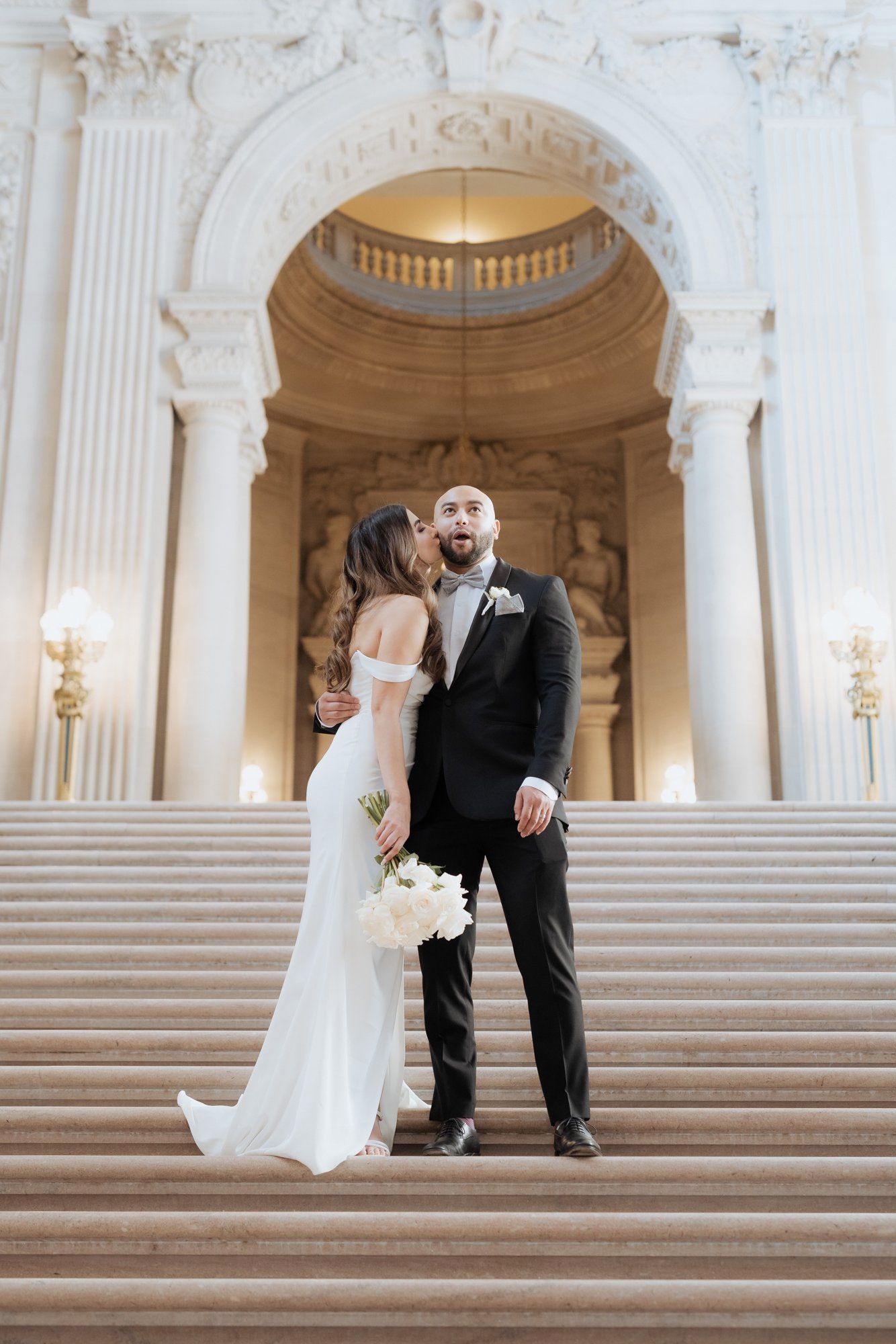 three-location city hall day: mayor's balcony + palace of fine arts + vault garden, Under the City Hall Dome, Then Three-Location Portraits at Palace of Fine Arts