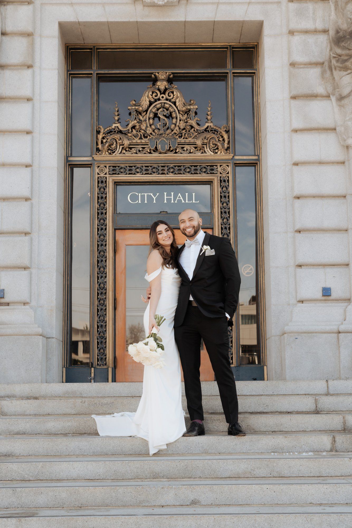 three-location city hall day: mayor's balcony + palace of fine arts + vault garden, Under the City Hall Dome, Then Three-Location Portraits at Palace of Fine Arts