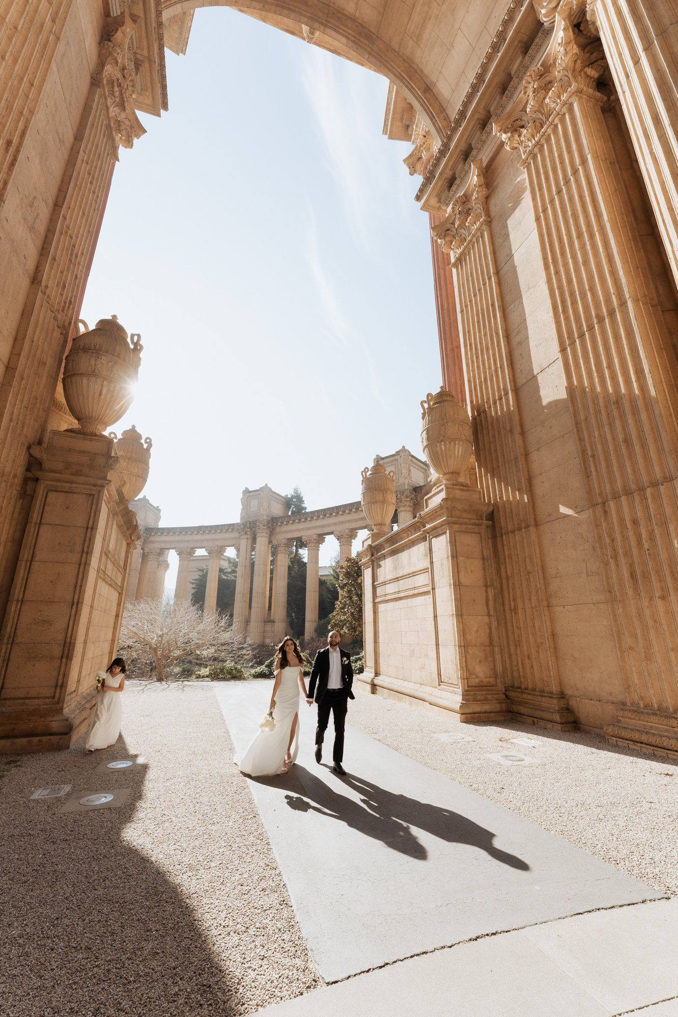three-location city hall day: mayor's balcony + palace of fine arts + vault garden, Under the City Hall Dome, Then Three-Location Portraits at Palace of Fine Arts