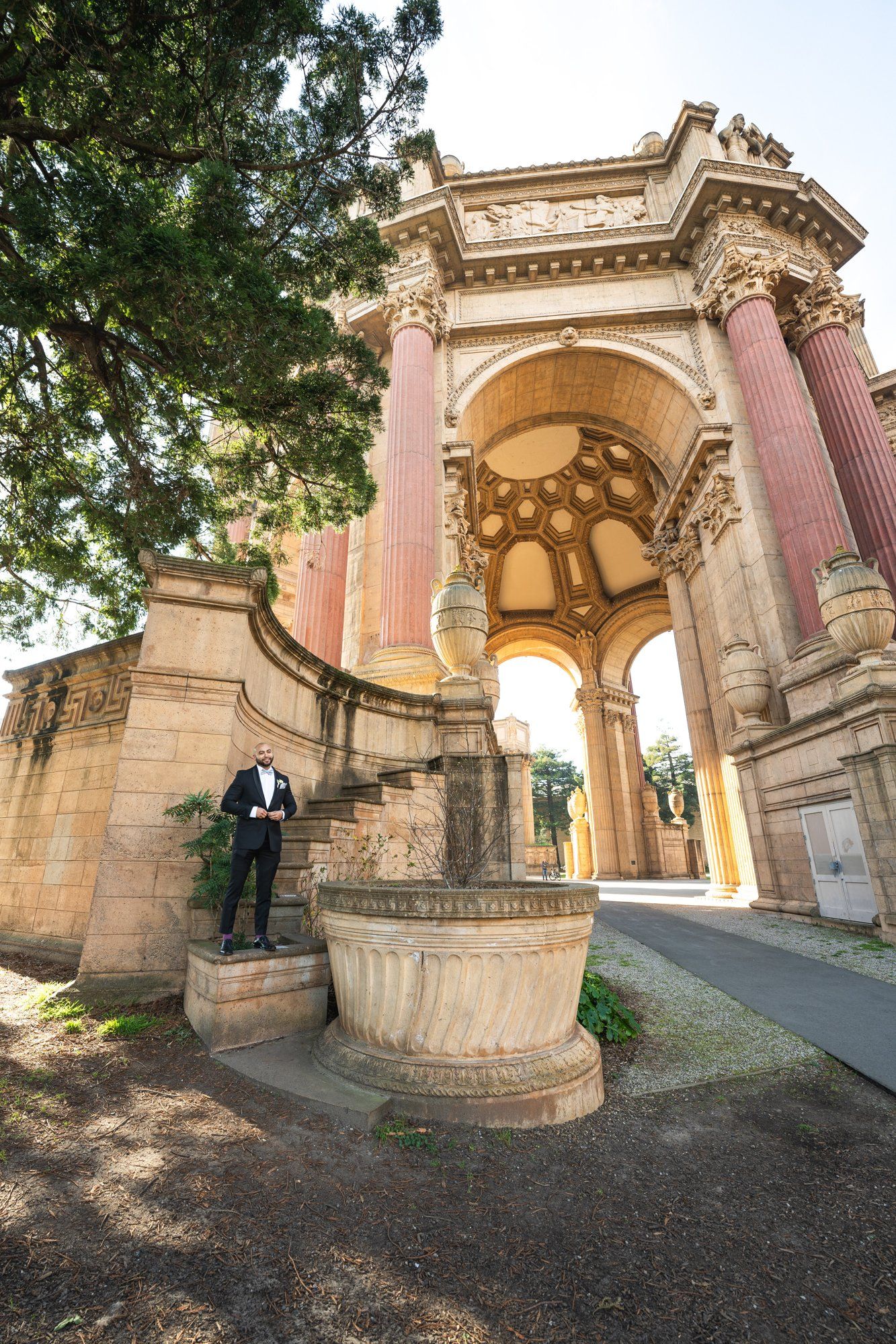 three-location city hall day: mayor's balcony + palace of fine arts + vault garden, Under the City Hall Dome, Then Three-Location Portraits at Palace of Fine Arts