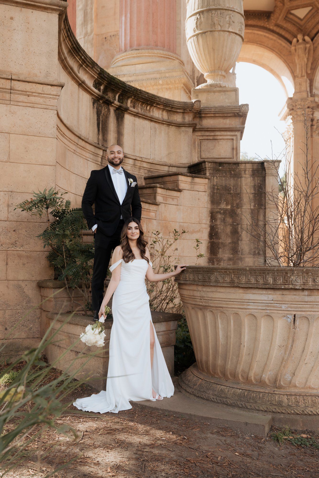 three-location city hall day: mayor's balcony + palace of fine arts + vault garden, Under the City Hall Dome, Then Three-Location Portraits at Palace of Fine Arts